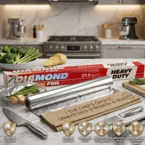 Diamond Heavy Duty Aluminum Foil Roll 37.5 Sq Ft for food storage, baking, grilling, BBQ, cooking and food packaging.